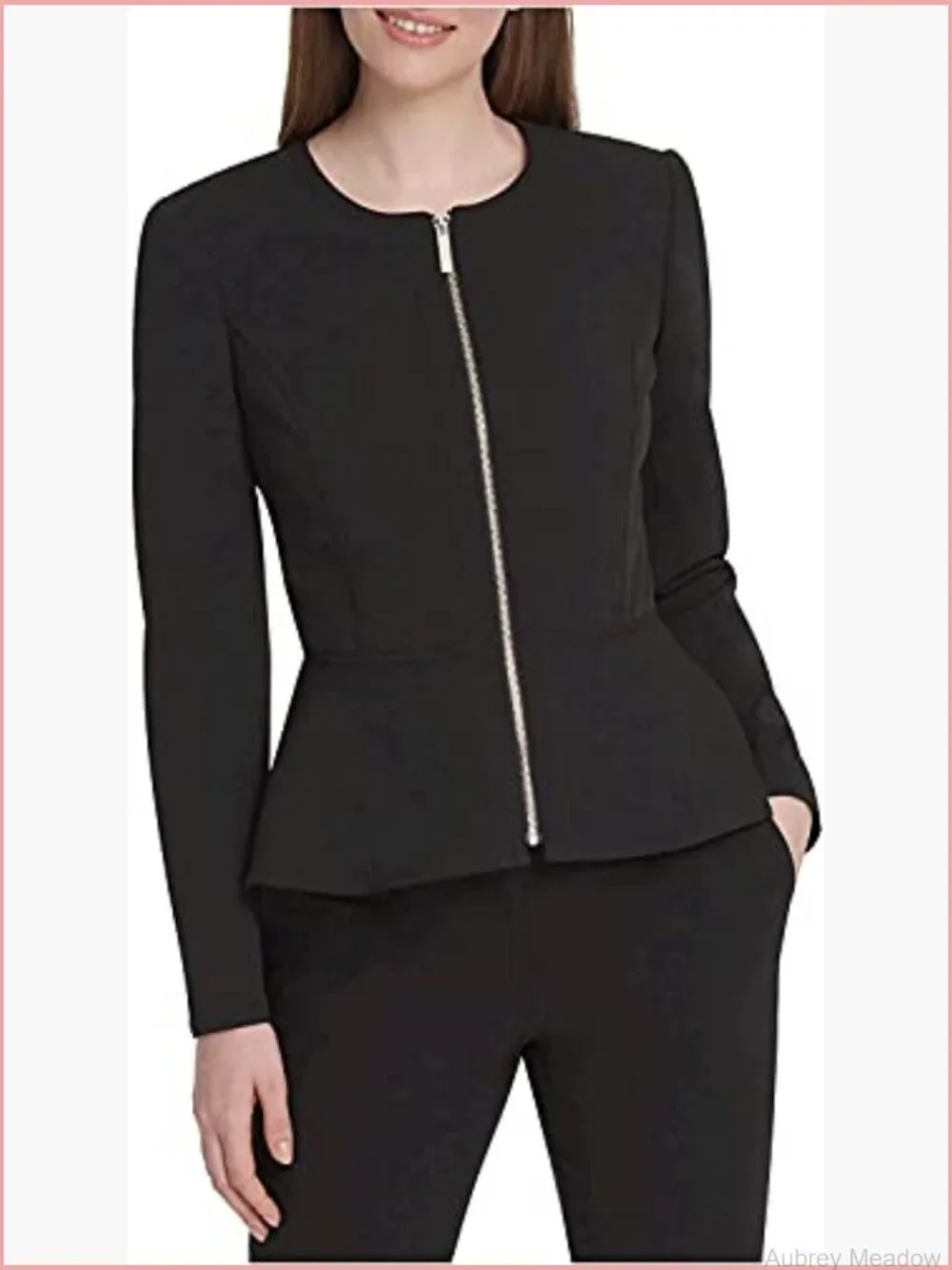 Peplum Zip Front Blazer Jacket Business Casual Long Sleeve Collarless